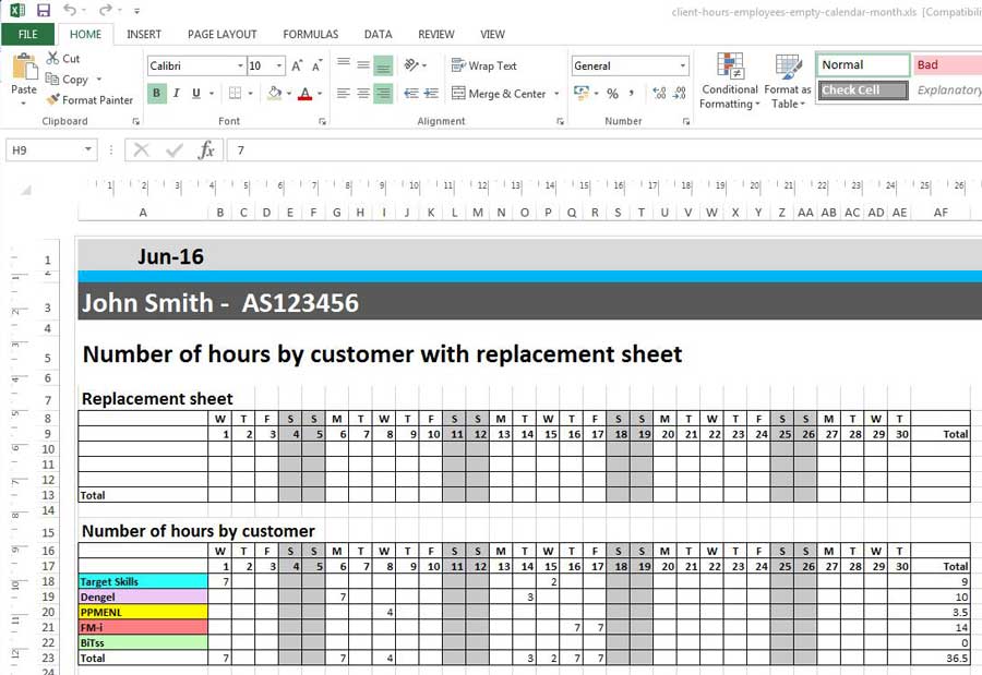 Monatlichen Zeitplan der Stunden in Excel