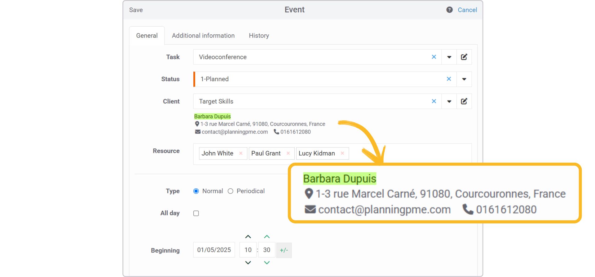 Beispiel für einen benutzerdefinierten Untertitel in PlanningPME