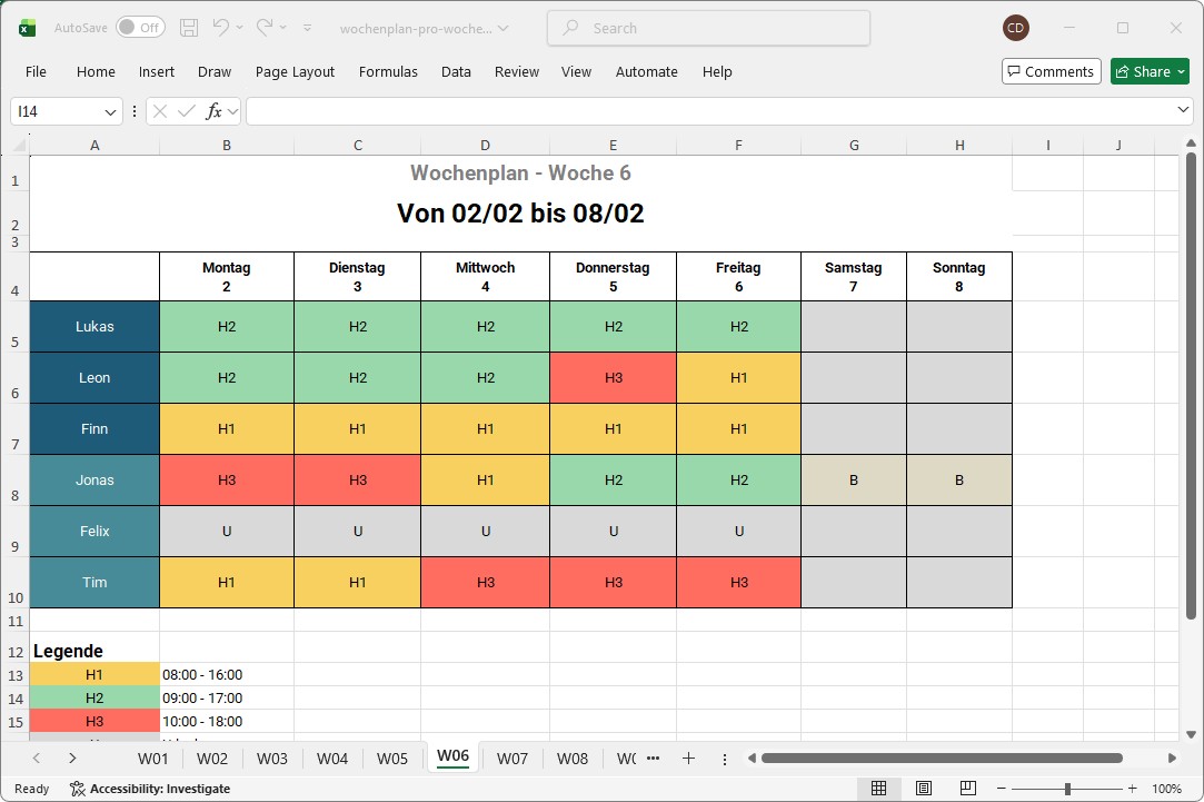 Beispiel für einen Wochenplan in Excel